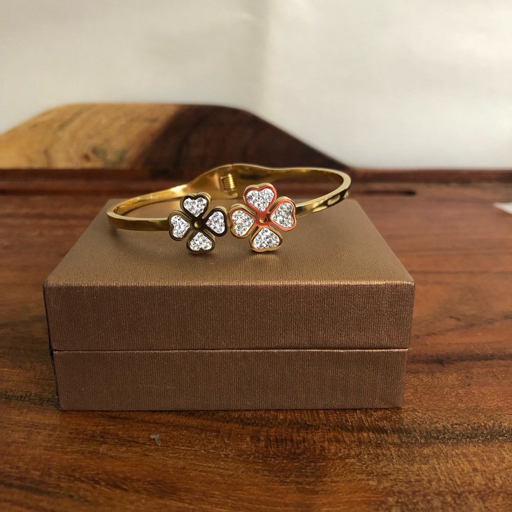 Women’s Gold Plated Double White Clover Bangle Bracelet Cubic Zircon Cuff Gift